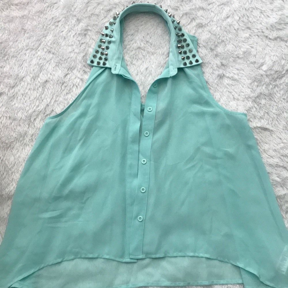 Blue button up sheer tunic with studded neckline